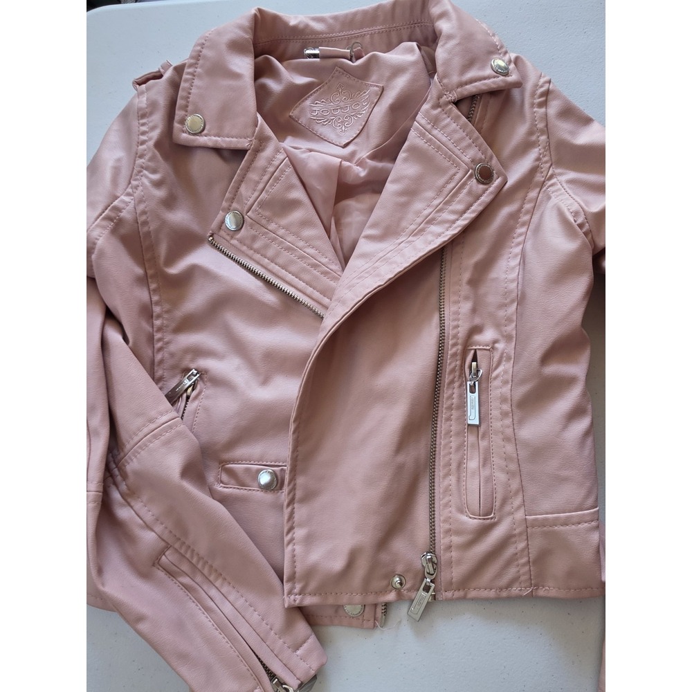 JOUJOU Girls Pink Faux Leather Moto Jacket Size 10/12 Biker Zip Motorcycle Coat